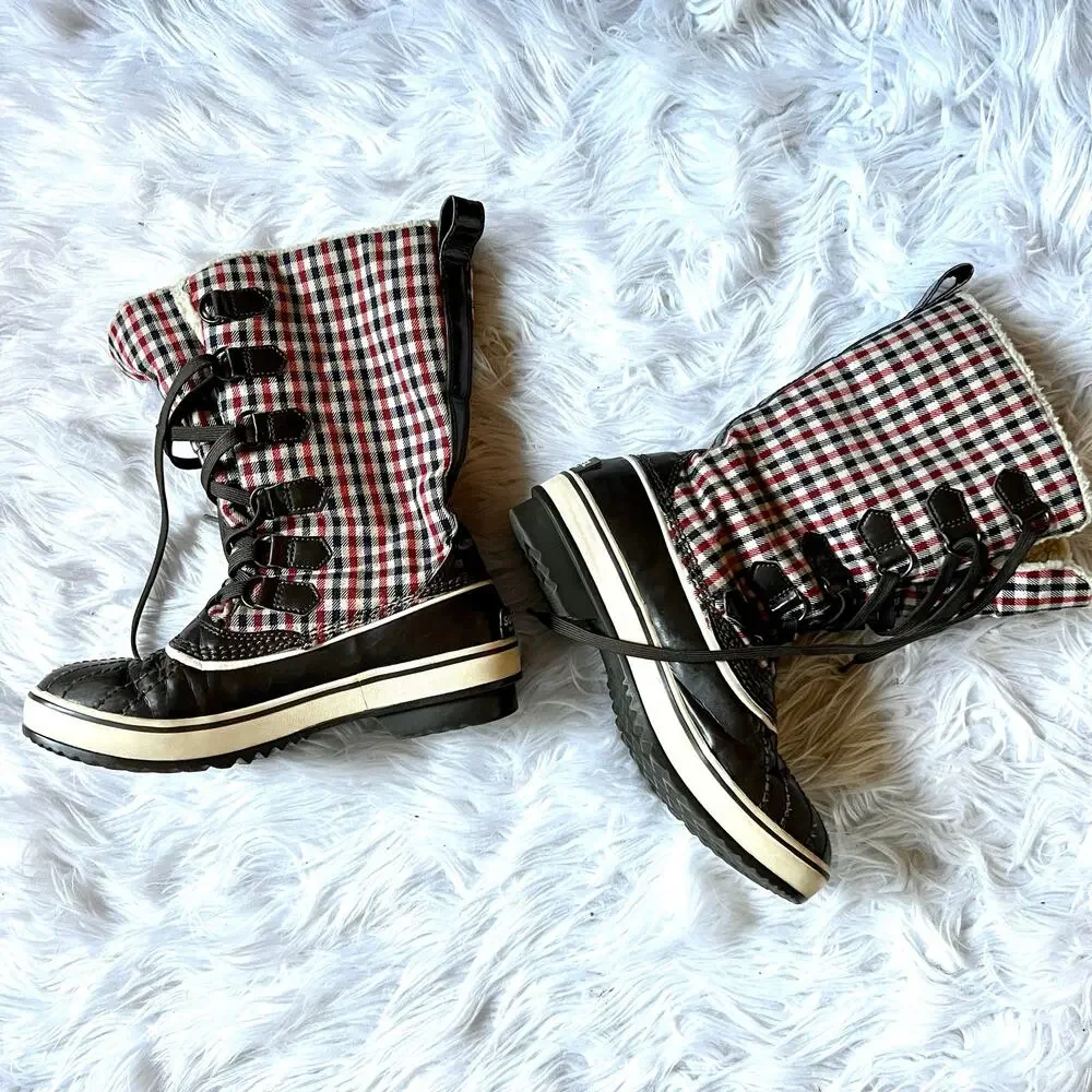 Sorel Tivoli Tall Red Plaid Snow Boots 7 Waterproof Winter Boots